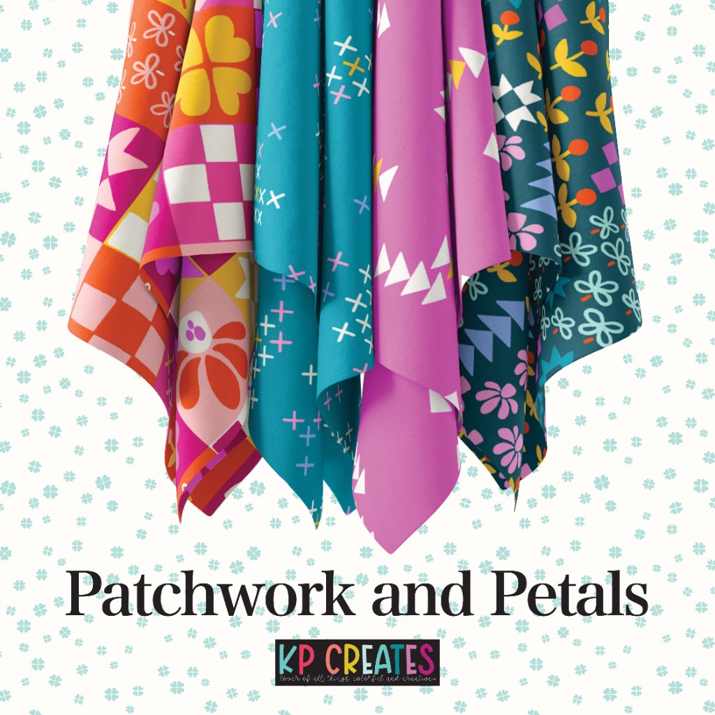 Patchwork and Petals fabric collection hanging in teal, magenta and orange prints